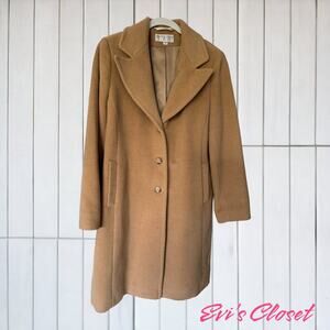 Larry Levine Women's Camel Hair Tan Coat Back Vent 3 Buttons 2 Pockets Size 14